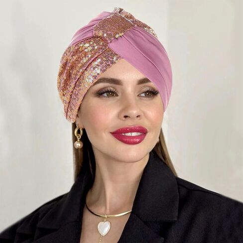 غطاء راس مزين بالترتر الافريقي مربوطة مسبقا من ييلهيل، غطاء راس بكسرات لامعة للحفلات الراقصة للنساء، اسود وزهري، قطعتين in Kuwait