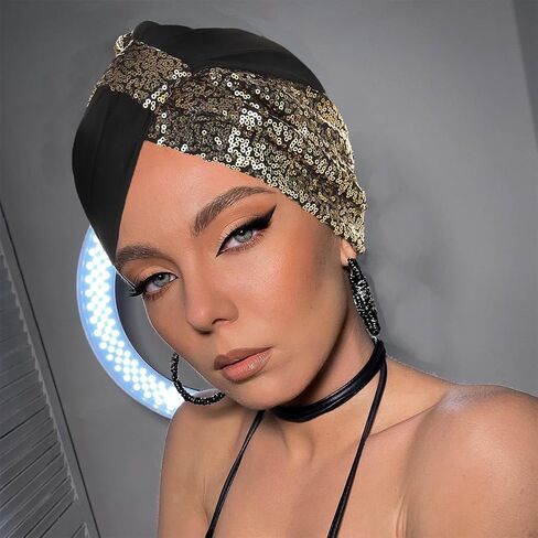 غطاء راس مزين بالترتر الافريقي مربوطة مسبقا من ييلهيل، غطاء راس بكسرات لامعة للحفلات الراقصة للنساء، اسود وزهري، قطعتين in Kuwait