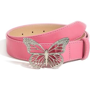 Womens Belts for Jeans Dresses Fashion Silver Rhinestone Butterfly Buckle Belt Black Brown Pink Off White