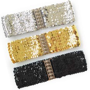 WYuZe 3 Pack Sequin Wide Elastic Waist Belt for Women Girl Sparkle Stretch Dress Belt Accessory (Gold, Silver, Black)