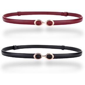 Women's Dress Belt Skinny Slim Soft Genuine Leather Belts Smooth Gold Buckle Adjustable 22"- 36" Waistband, 2-Pack, Black & Burgundy in Kuwait