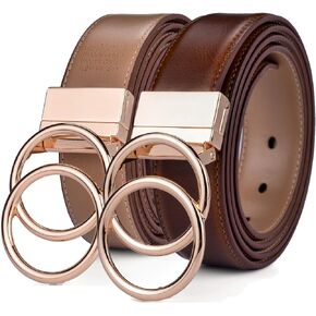 Beltox Women Belt Leather 1.3" Reversible 2 in 1 Rotated 2 Rings Gold Buckle