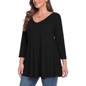 MONNURO Plus Size Tunic Tops for Women Loose Fit Dressy 3/4 Sleeve Shirt Casual V Neck Solid Color Blouses Tunic for Leggings