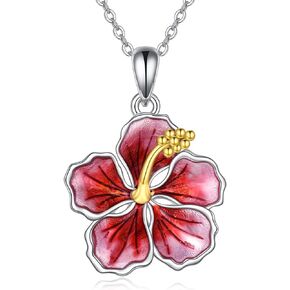 YFN Peony/Hibiscus Flower Pendant Necklace Sterling Silver Enamel Flower Jewelry Gifts for Women Mother Gifts