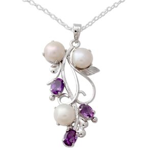 NOVICA Artisan Handmade Amethyst Cultured Freshwater Pearl Pendant Necklace in Silver with Amethysts Sterling Rhodium Plated Purple White India Birthstone 'Sincerely Yours'
