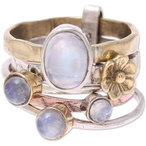 NOVICA Artisan Handmade Rainbow Moonstone Cocktail Ring Mixed Metals Floral from India Copper .925 Sterling Silver Brass Clear Multi Gemstone 'Rain Flowers'
