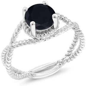 Gem Stone King 925 Sterling Silver Black Onyx Rope Designed Ring For Women (1.28 Cttw, Round 7MM, Gemstone Birthstone, Available In Size 5, 6, 7, 8, 9)