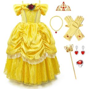 Girls Belle Princess Fancy Dress Beauty and Beast Outfits Halloween Christmas Wedding Birthday Gown (Accessories)