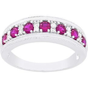 .925 Sterling Silver, Lab-Grown Gemstone & Lab-Grown White Sapphire Alternating Stone Milgrain Band-Style Statement Ring - Choice of Gemstone Color in Saudi Arabia