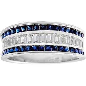 .925 Sterling Silver, Lab-Grown Gemstone & Lab-Grown White Sapphire Alternating Stone Milgrain Band-Style Statement Ring - Choice of Gemstone Color