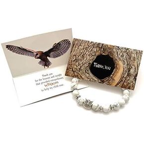 Smiling Wisdom - Teacher Thank You Appreciation Card and Owl Stretch Stone Bracelet - Women