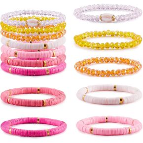 Ornaland 7Pcs Handmade Polymer Clay Heishi Surfer Stretch Bracelets Set Colorful Glass Beads Bracelets Boho Stackable Preppy Bracelets Wrist Jewelry for Women(Pink)