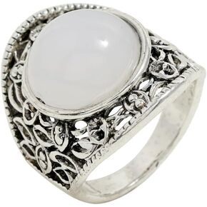 Boho Filigree Statement Ring for Women Girls Silver Plated Vintage Round White Stone Wide Band Finger Rings Comfort Fit Retro Bohemian Indian Tribal Wedding Birthday Christmas Jewelry Gift Size 8
