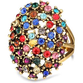Gold Colorfull Full Cubic Zirconias Chunky Dome Ring for Women,14K Yellow Gold Plated Cocktail Party Multi Stone Crystal Turkey Ring Jewelry for Girls Her
