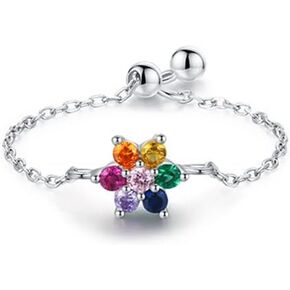 Colorful CZ Little Flower Tail Finger Ring 925 Sterling Silver Rainbow Crystal Rhinestone Daisy Flower Link Chain Statement Promise Ring Stacking Engagement Ring Wedding Band Adjustable Dangle Ball Cute Jewelry Gifts for Women Girls