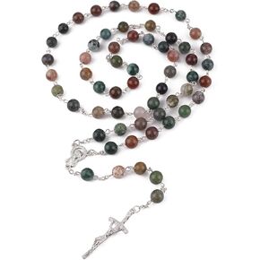 الكاثوليكية الحجر الطبيعي عقد خرز طول 23.5 بوصة الفضة الصليب 8 مللي متر الهند العقيق الصلاة يبارك الخرز مع شنطة هدايا مخملية in Kuwait