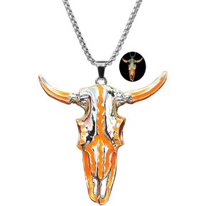 Western Necklace for Cowgirl Cowboy Luminous Ox Bull Skull Head Horn Necklace for Women Men Jewelry