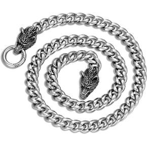 Masculine Heavy Miama Cuban Link Chain Pendant Necklace for men, Vintage Wolf Head Spring Ring Clasp, Punk Rock