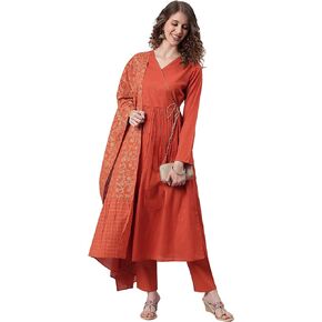 Janasya Indian Women's Orange Cotton Angrakha Kurta with Pant and Dupatta