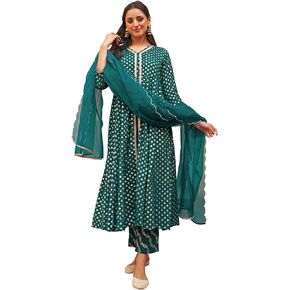 Janasya Indian Women's Teal Brocade Woven Design Kurta with Pant and Dupatta