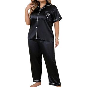 WDIRARA Women's Plus Size Sleepwear Heart Embroidery 2 Piece Pajama Set Satin Loungewear Shirt and Pants