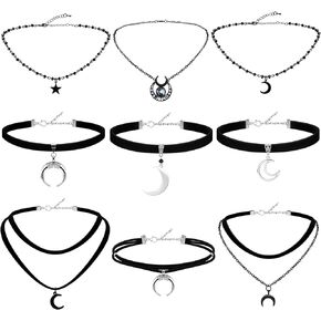 Ferreve 9 Pcs Gothic Choker Necklace Black Star Moon Choker Gothic Necklace Goth Choker Y2k Moon Necklace Rock Necklace Vintage Necklace Christmas New Year Jewelry Gift for Women