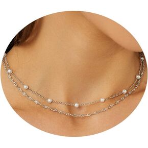 Gold Pearl Necklace for Women, Dainty 14k Gold Plated Long Layering Chain Necklaces Simple Gold Pearl Pendant Choker Necklaces for Women