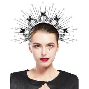 Fantherin Mary Angel Halo Crown Headband Spiked Halo Crown with Butterfly Sunburst Goddess Costume Halo Headpiece (Gold)