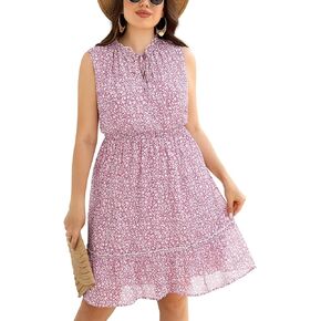 Pinup Fashion Plus Size Summer Tie Crewneck Short Dresses Sleeveless Boho Casual Chiffon Ruffle Flowy Sundress