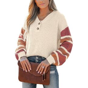 CUPSHE Women's Casual Pullover Fall Sweaters V Neck Striped Knit Button Long Sleeves Henley Tops