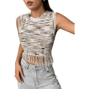 GORGLITTER Women's Fringe Tie Dye Knitted Crop Sweater Vest Ripped Sleeveless Pullover Tank Top