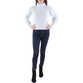 BCBGMAXAZRIA Women's Fitted Long Puff Sleeve Pom Sweater