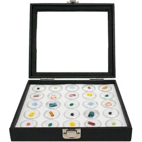 Half-Size Glass Top Black Leatherette Jewelry Display Case + 25 Count Jar Insert Tray in White + Custom NB Pouch