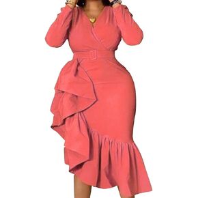 IWFEV Long Sleeve V-Neck Asymmetric Mid-Calf Women's Dress Bodycon Dress