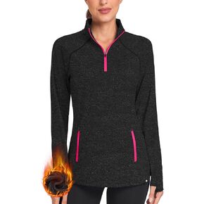 Soneven Women's Thermal Fleece Running Shirts Warm Winter Pullover Cold Weather Workout Hiking Tops with Thumb Holes Pockets