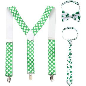 JEWEKY St. Patrick's Day Bow Tie Set Green Shamrock Necktie with Suspenders Adjustable Party Rave Clothing Accessories for Women and Men