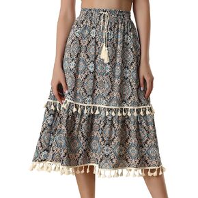 Allegra K Women's Tiered Midi Skirts Elastic Waist Tassel Fringe Boho Skirt