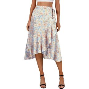 Ezcosplay Women Boho Floral Wrap Skirt Asymmetrical Ruffle Tropical Beach Tiered Skirts