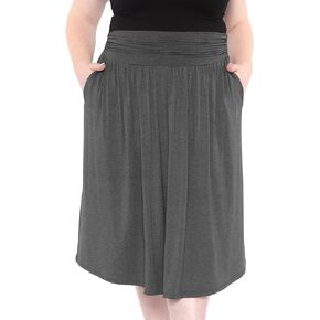 STRETCH IS COMFORT Women’s and Plus Size Casual Ruched Below Knee Length Midi Skirt with Pockets