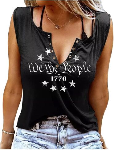 MHTOR We The People 1776 V الرقبة تانك للنساء 4th من يوليو قميص وطني العلم الأمريكي بلا أكمام الجرافيك تيز الدبابات in Kuwait