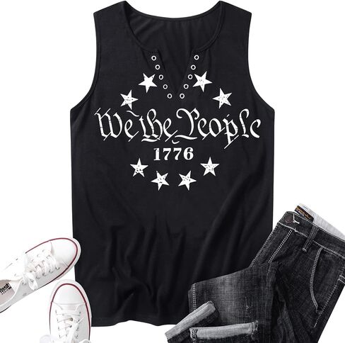 MHTOR We The People 1776 V الرقبة تانك للنساء 4th من يوليو قميص وطني العلم الأمريكي بلا أكمام الجرافيك تيز الدبابات in Kuwait