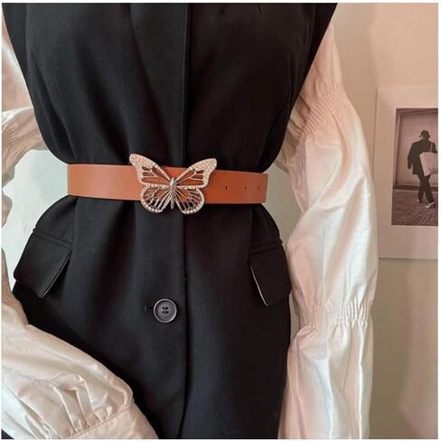 Womens Belts for Jeans Dresses Fashion Silver Rhinestone Butterfly Buckle Belt Black Brown Pink Off White in Kuwait