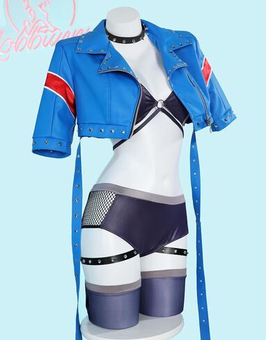 مجموعة ملابس داخلية نسائية من Anime Fighter Cosplay، حمالة صدر ولباس داخلي شبكي مع سترة قصيرة مرصعة in Saudi Arabia