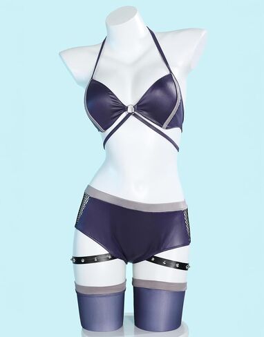 مجموعة ملابس داخلية نسائية من Anime Fighter Cosplay، حمالة صدر ولباس داخلي شبكي مع سترة قصيرة مرصعة in Saudi Arabia