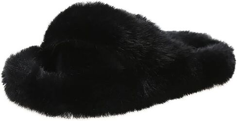 OOYAYA Women's Fuzzy Cross Band House Slippers Soft Lightweight Black Slippers - Open Toe Slip On Breathable Fluffy Slippers for Women, Bedroom, Bride, Girls, Suitable for Indoor/Outdoor in Saudi Arabia