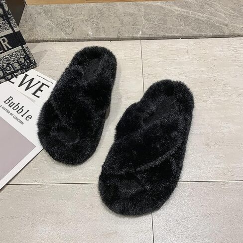 OOYAYA Women's Fuzzy Cross Band House Slippers Soft Lightweight Black Slippers - Open Toe Slip On Breathable Fluffy Slippers for Women, Bedroom, Bride, Girls, Suitable for Indoor/Outdoor in Saudi Arabia
