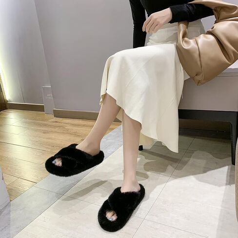 OOYAYA Women's Fuzzy Cross Band House Slippers Soft Lightweight Black Slippers - Open Toe Slip On Breathable Fluffy Slippers for Women, Bedroom, Bride, Girls, Suitable for Indoor/Outdoor in Saudi Arabia