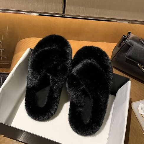 OOYAYA Women's Fuzzy Cross Band House Slippers Soft Lightweight Black Slippers - Open Toe Slip On Breathable Fluffy Slippers for Women, Bedroom, Bride, Girls, Suitable for Indoor/Outdoor in Saudi Arabia