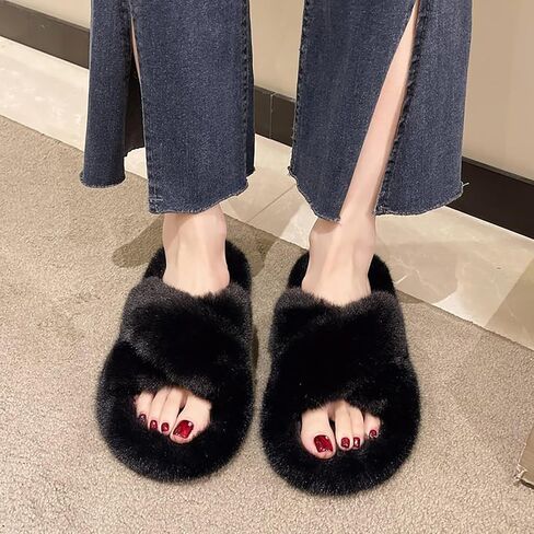 OOYAYA Women's Fuzzy Cross Band House Slippers Soft Lightweight Black Slippers - Open Toe Slip On Breathable Fluffy Slippers for Women, Bedroom, Bride, Girls, Suitable for Indoor/Outdoor in Saudi Arabia