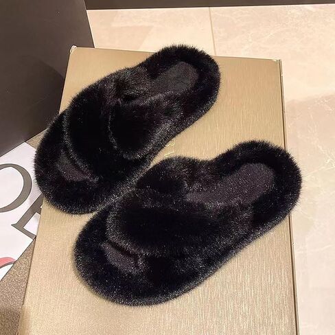 OOYAYA Women's Fuzzy Cross Band House Slippers Soft Lightweight Black Slippers - Open Toe Slip On Breathable Fluffy Slippers for Women, Bedroom, Bride, Girls, Suitable for Indoor/Outdoor in Saudi Arabia